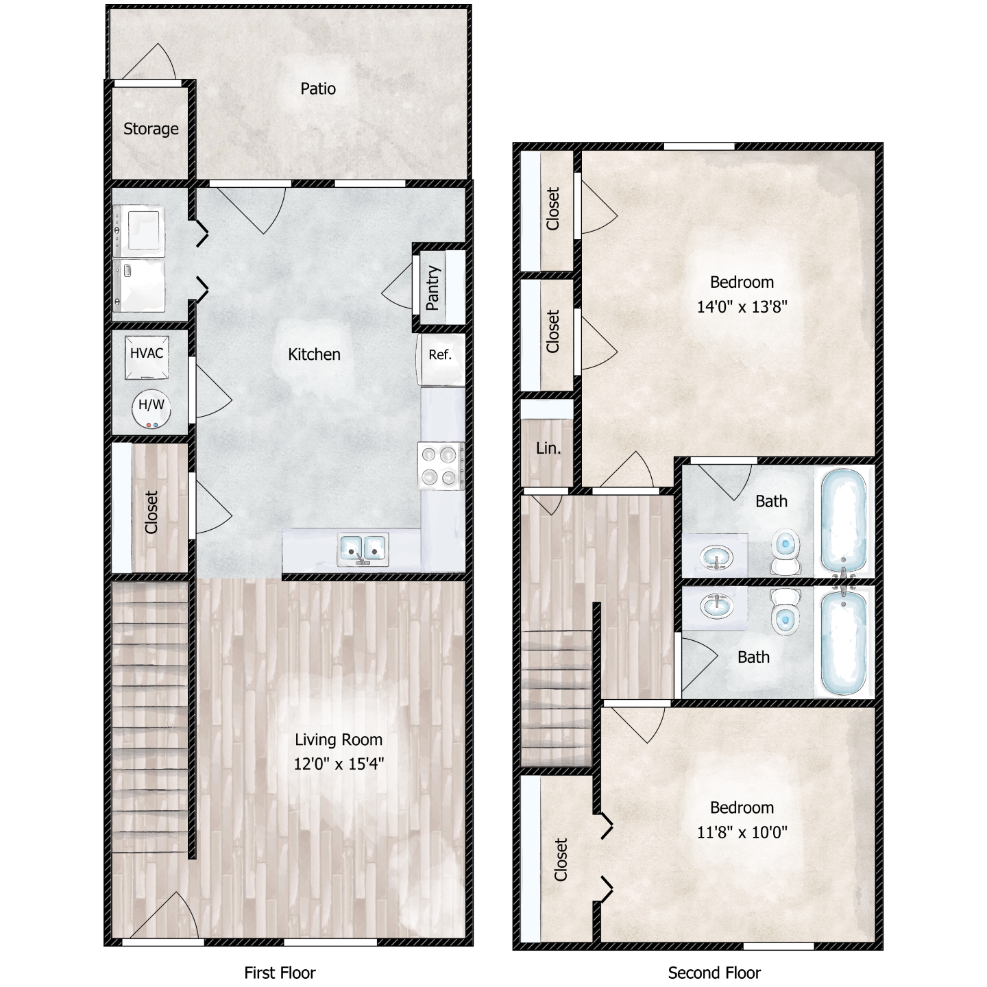 Floor plan for 2 beds, 2 baths, 1093 sqft